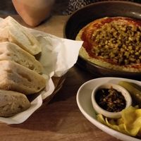 Hummus with mushrooms, and 'pita' (actually Turkish bread) at Milk & Honey in Koh Tao