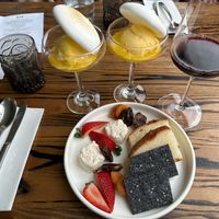 Bombe Alaska – sorbet, mango and meringue – with macadamia cheese plate at Rústico At Hay Shed Hill in Wilyabrup
