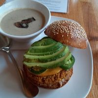 Vegan Burger and Mushroom soup at Living Kitchen - South End in Charlotte