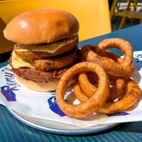 Vegetarian burger special: Vegan patty, onion rings, curry mayo, onion chutney & swiss cheese at remy's in Paddington