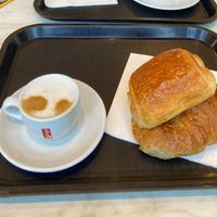 Noisette with oat milk, vegan pain au chocolat, vegan croissant  at Les Frères Blavette in Paris