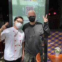 Me and owner, Joy, in front of Purple Thai. at Purple Thai in New York City