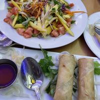 Already digging in to our mango salad and crispy rolls   at Purple Thai in New York City