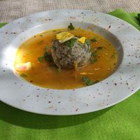 Soup with German Knoedel (bread ball with vegan meat stuffing) at El Invernadero in Fuerteventura