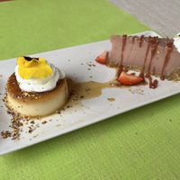 Strawberry tart and pineapple flan with cream  at El Invernadero in Fuerteventura