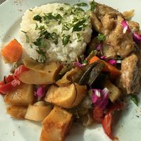 Heura “pork” style dish with roasted veg   at El Invernadero in Fuerteventura