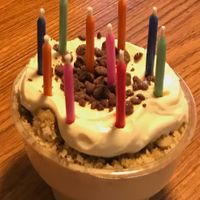 Tiramisu cup in lieu of birthday cake at Good Karma Cafe in Red Bank