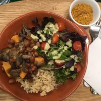 Feijoada with mushrooms, brown rice and salad at A Tasca Vegana in Lisbon
