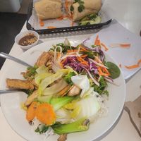 Vegan vermicelli chay, tofu banh mi (no mayo), and empty plate where tofu bao once sat 😅 (no mayo) at Pho Please in Austin