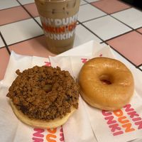 Chocolate speculos and plain glazed. Iced coffee in the back is made with soya milk.  at Dunkin' - Reguliersbreestraat in Amsterdam
