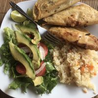 quesadillas fritas de tinga de zanahoria guisada con chipotle y de papas con rajas  •ensalada • arroz at HARI in Cuernavaca
