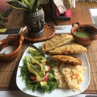 quesadillas fritas de tinga de zanahoria guisada con chipotle y de papas con rajas  •ensalada • arroz at HARI in Cuernavaca