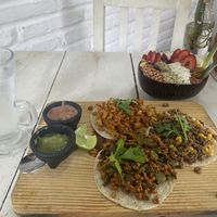 Açaí smoothie bowl and 3 vegan tacos (soy).  at Elixir Spot in Puerto Vallarta