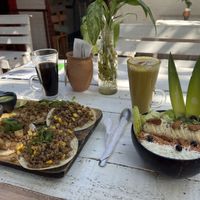 Hulk spirulina bowl, soy chorizo and asada tacos, golden milk and coffee  at Elixir Spot in Puerto Vallarta