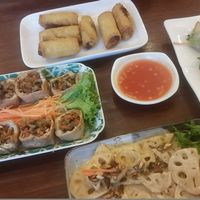 Spring rolls, tofu puffs, lotus root in cashew cream at The Vegetarian in Phnom Penh
