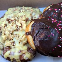 Banana Chocolate fritter with walnuts and Double Chocolate doughnut at Little Vessels Donut Co in Honolulu