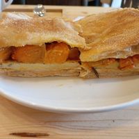Focaccia sandwich with pumpkin, chickpeas, and vegan mayo for lunch. Yum! at Forno Brisa - Via Galliera in Bologna