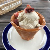 the very good ice cream (with crispy fruit decorations)  at Rotton 六屯 in Chatan