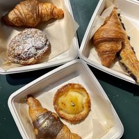 Almond/chocolate croissant, plain croissants, chocolate and custard bar and pear tart   at Chaumont Vegan in Beverly Hills