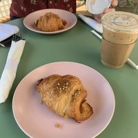 Ham and cheese croissant and iced latte with oat milk   at Chaumont Vegan in Beverly Hills