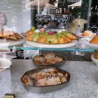 vegan matcha croissant with a flower on top at Chaumont Vegan in Beverly Hills