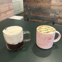 Mont Blanc to the left, I DREAM of this drink. Espresso over ice, topped with their house made vanilla cream. Pistache latte to the right.   at Chaumont Vegan in Beverly Hills