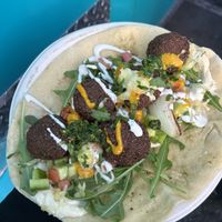 Open face pita with falafel - very good!   at MeZe Eatery in Grass Valley