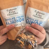 Vegan goodies. Chocolate covered almonds, ginger & pretzels, all vegan. at Cabosse & Feve Chocolates in Castlemaine