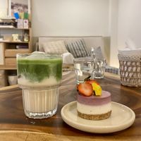 Iced matcha and tangy lemon raspberry mini cake  at Rawberry in Ho Chi Minh City