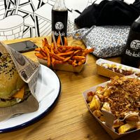 Burger, sweet potato fries, rendang fries and ‘Frikandel special’   at Last Vegas in Utrecht