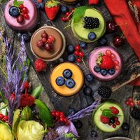 Set of raw vegan cakes: sea buckthorn-n-blueberry, basil, bounty carob, strawberry-n-black currant at Julia Greencake in Tula