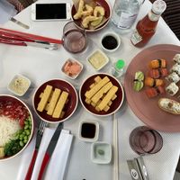 Sushi, bowl with watermelon sashimi, chick pea chips  at 123V Browns in London