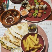 Farfalle Salat, Jerk Pops, Sushi, Quesadilla, Chickpea Fries at 123V Browns in London