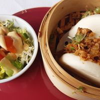 "duck" bao buns (2) with side salad at 123V Browns in London
