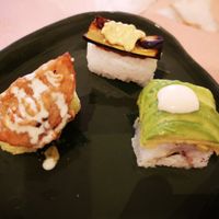 Sushi Selection; Sichuan, New Delhi Nigiri, Green Velvet (tasting menu) at 123V Browns in London