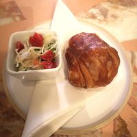 Bread served with Artichoke Puree, Roasted Radish and Zesty Fennel Salad (tasting menu) at 123V Browns in London