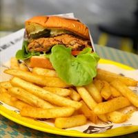 Vegan S.F.M. (Southern Fried Mushroom) Burger & chips at Rascal in Newcastle