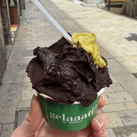 Dark chocolate with a „tester“ of mandarine ginger (? I think)  at Gelaaati di Marco in Barcelona