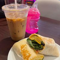 Coffee and gf wrap at Apothica Cafe in Cumberland