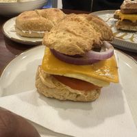 Fuego Breakfast Sandwich on a biscuit   at Apothica Cafe in Cumberland