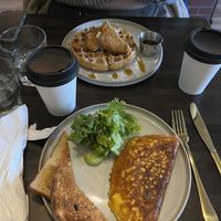 OG omelet • chicken & waffles   at Apothica Cafe in Cumberland