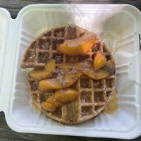 Peaches and cream waffle   at Apothica Cafe in Cumberland