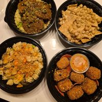 Apothica at night food!!!! Mediterranean Harvest, BBQ chickpea nachos, Fried tofu bites, and pot pie 🥧 pasta. 😋 at Apothica Cafe in Cumberland