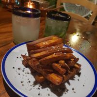 Sweet potato fries. Marg and mojito :) at La Cueva del Chango in Playa Del Carmen