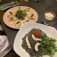 Pumpkin & sage ravioli and seafood charcoal pasta   at Pastan Barbican in London