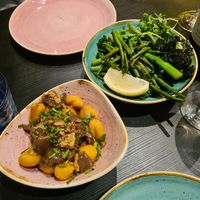 Fried gnocchi in mushroom sauce and green veggies at Pastan Barbican in London