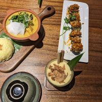 Mushroom aubergine with peanut sauce. Mushroom, tofu, potato, tofu ham green curry, mango smoothie at Sangha Vegetarian Restaurant in Da Nang