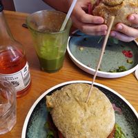 The burger, sandwich, a rose soda and a green juice at Café Glad in Aarhus