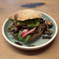 Ærtedip sandwich with extra mushrooms  at Café Glad in Aarhus