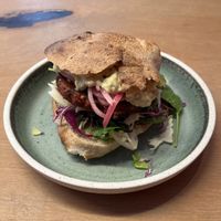 Bønnedip sandwich including vegetable burger  at Café Glad in Aarhus